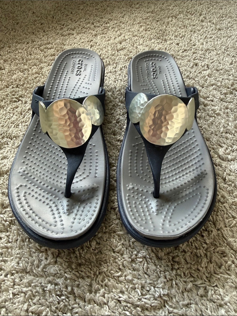 CROCS Navy Slide Sandals with Hammered Silver Discs - Picture 4 of 4